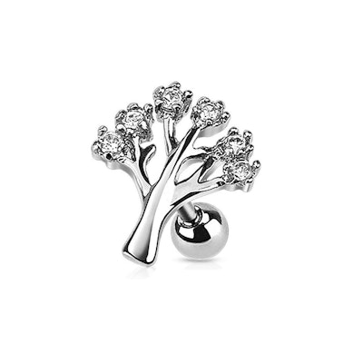 Tragus piercing com uma árvore de pedras
