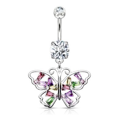 Umbigo piercing com borboleta multicolorida