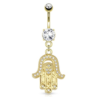 Umbigo piercing banhado a ouro com um pendente hamsá