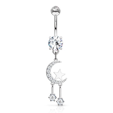 Umbigo piercing com pendente de lua crescente e estrelas