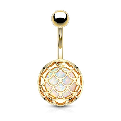Umbigo piercing com pedra opala embutida num desenho de escamas