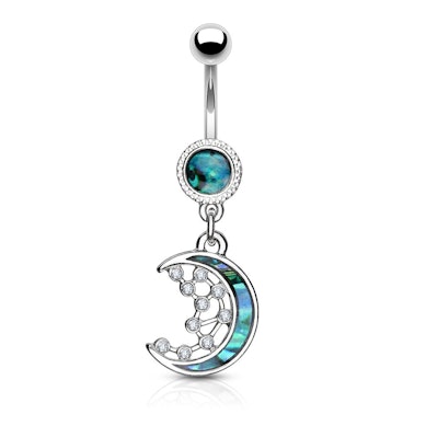 Umbigo piercing com lua crescente e estrelas