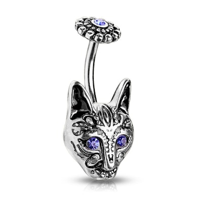 Umbigo piercing com gato tribal e olhos azuis