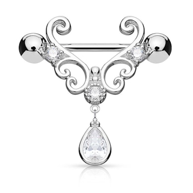 Mamilo piercing com formato de corações e pedras