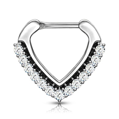 Septo piercing com forma de V cravejada de pedra macia