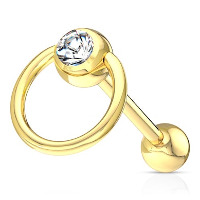 Língua piercing banhado a ouro com uma argola e uma pedra clara