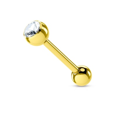 Língua piercing banhado a ouro com várias pedras coloridas