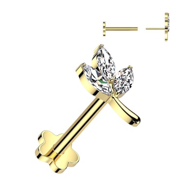 Labret em titânio com folha no topo e flor atrás