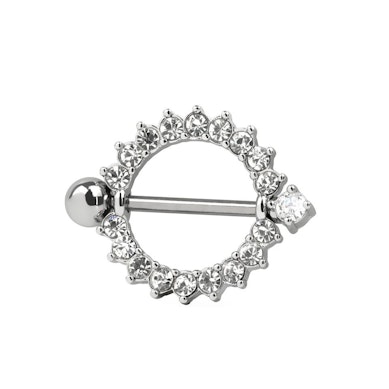 Mamilo piercing com escudo redondo e pedra claras