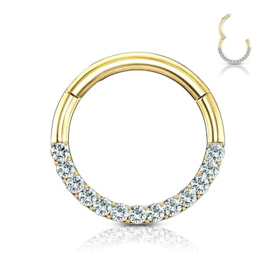 Argola articulada de ouro de 14 quilates com fileira de zircónias