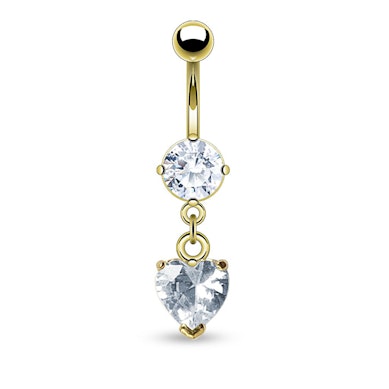 Umbigo piercing banhado a ouro com pedra e pendente em formato de coração