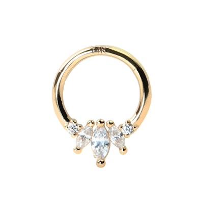 Argola com dobradiça em ouro 14 quilates e brilhantes corte marquise