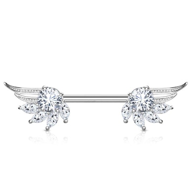 Barbell de mamilo com asas de anjo e pedras em forma de marquesa
