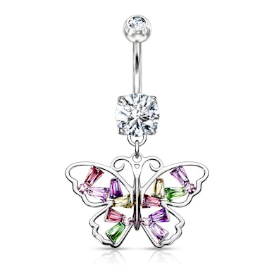 Umbigo piercing com borboleta multicolorida