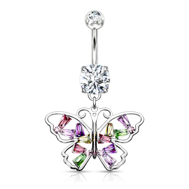 Umbigo piercing com borboleta multicolorida