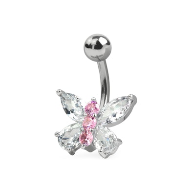 Umbigo piercing com uma borboleta de cristais