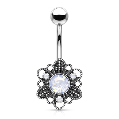 Joia para o umbigo com flor vintage e opalina