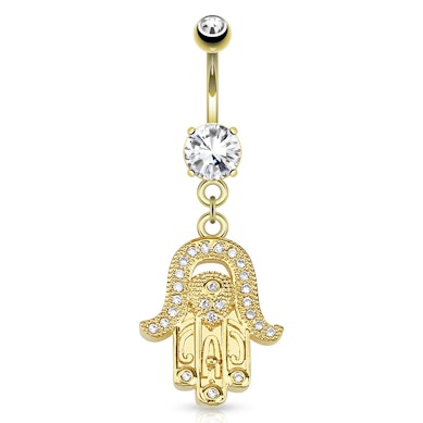Umbigo piercing banhado a ouro com um pendente hamsá