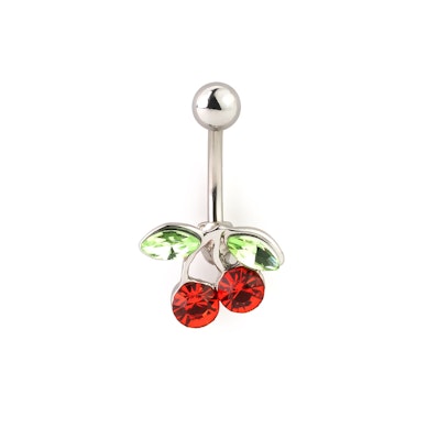 Umbigo piercing com uma cereja vermelha