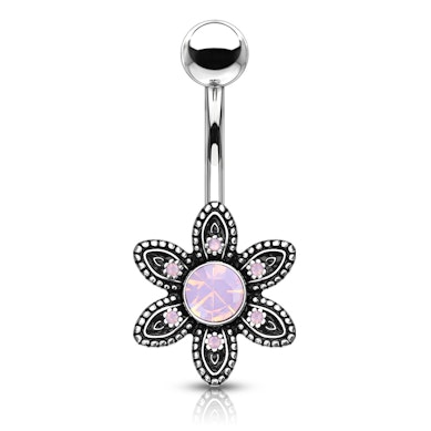 Umbigo piercing com flor e opala redonda