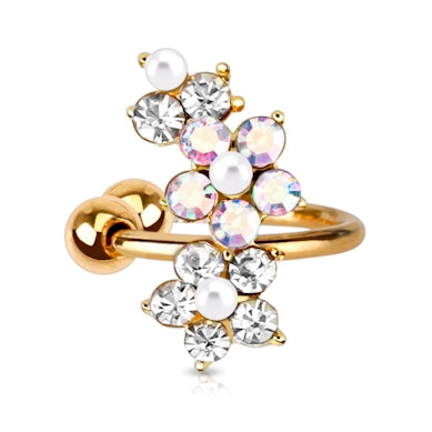 Earcuff com flores e pérolas