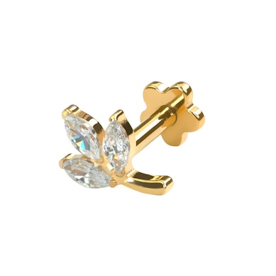 Labret em titânio com folha no topo e flor atrás