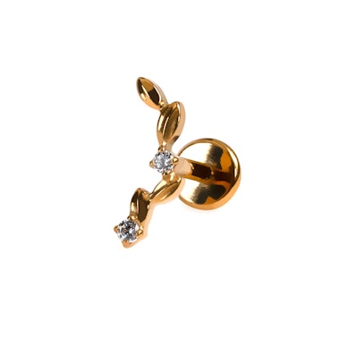 Labret em titânio com design curvo de folhas e gemas