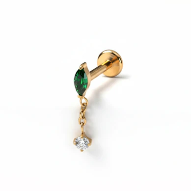 Labret em titânio com pedra esmeralda e pendente