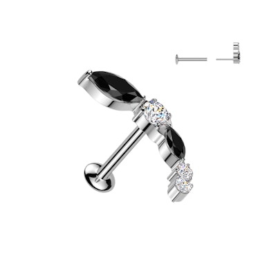Labret curvo com pedras pretas e transparentes