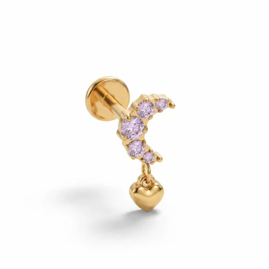 Labret de titânio em forma de lua com pedras rosa