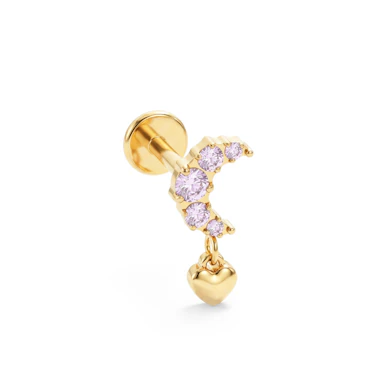 Labret de titânio em forma de lua com pedras rosa