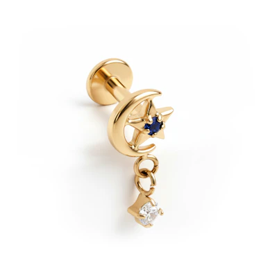 Labret em titânio com lua e estrela e pendente