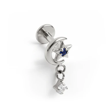 Labret em titânio com lua e estrela e pendente