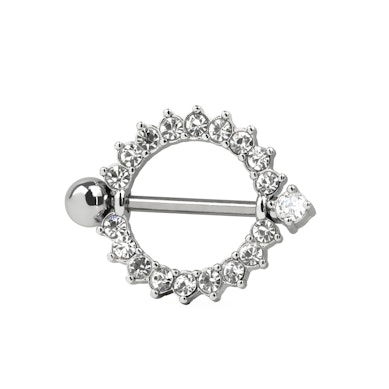 Mamilo piercing com escudo redondo e pedra claras