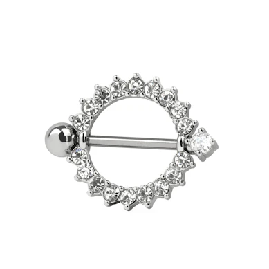Mamilo piercing com escudo redondo e pedra claras