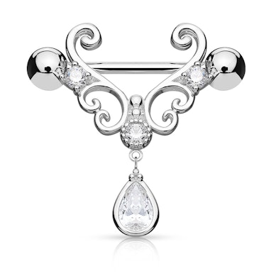 Mamilo piercing com formato de corações e pedras