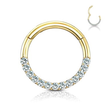 Argola articulada de ouro de 14 quilates com fileira de zircónias