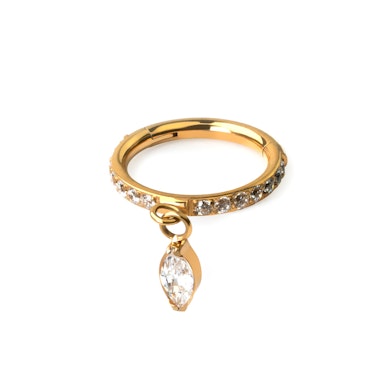Argola articulada em titânio com pedras à frente e pendente em corte marquesa