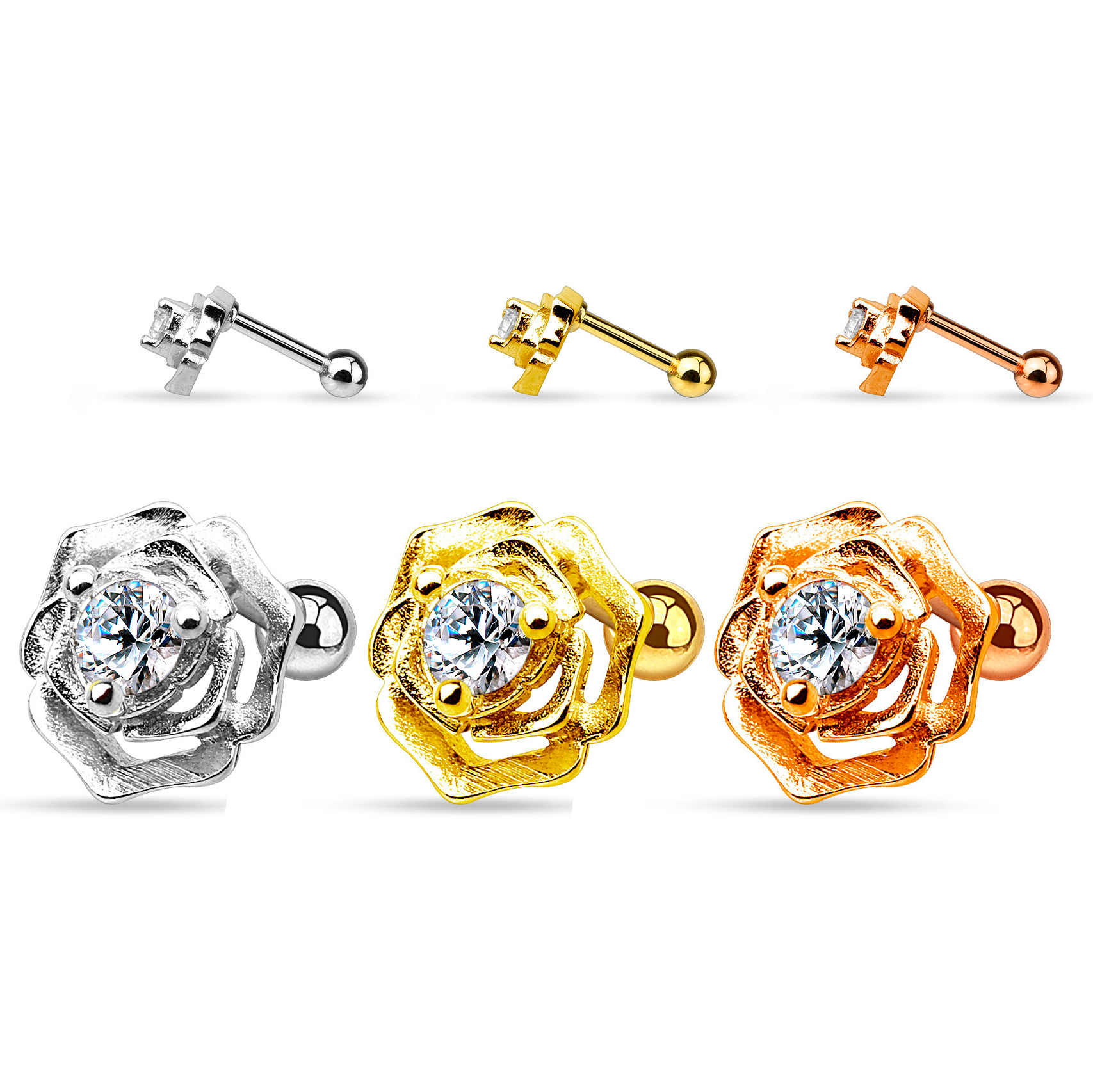 Orelha piercing com uma rosa e pedra