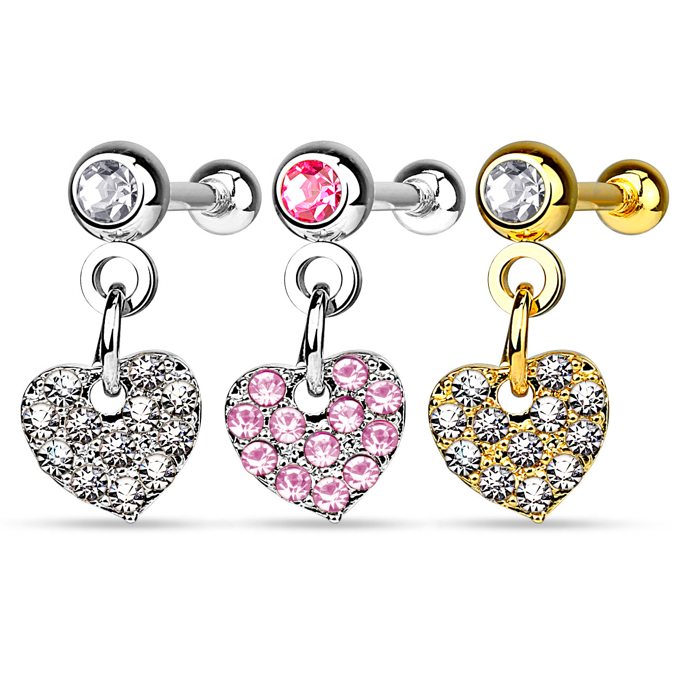 Joia para a orelha com coração pendente encrustado