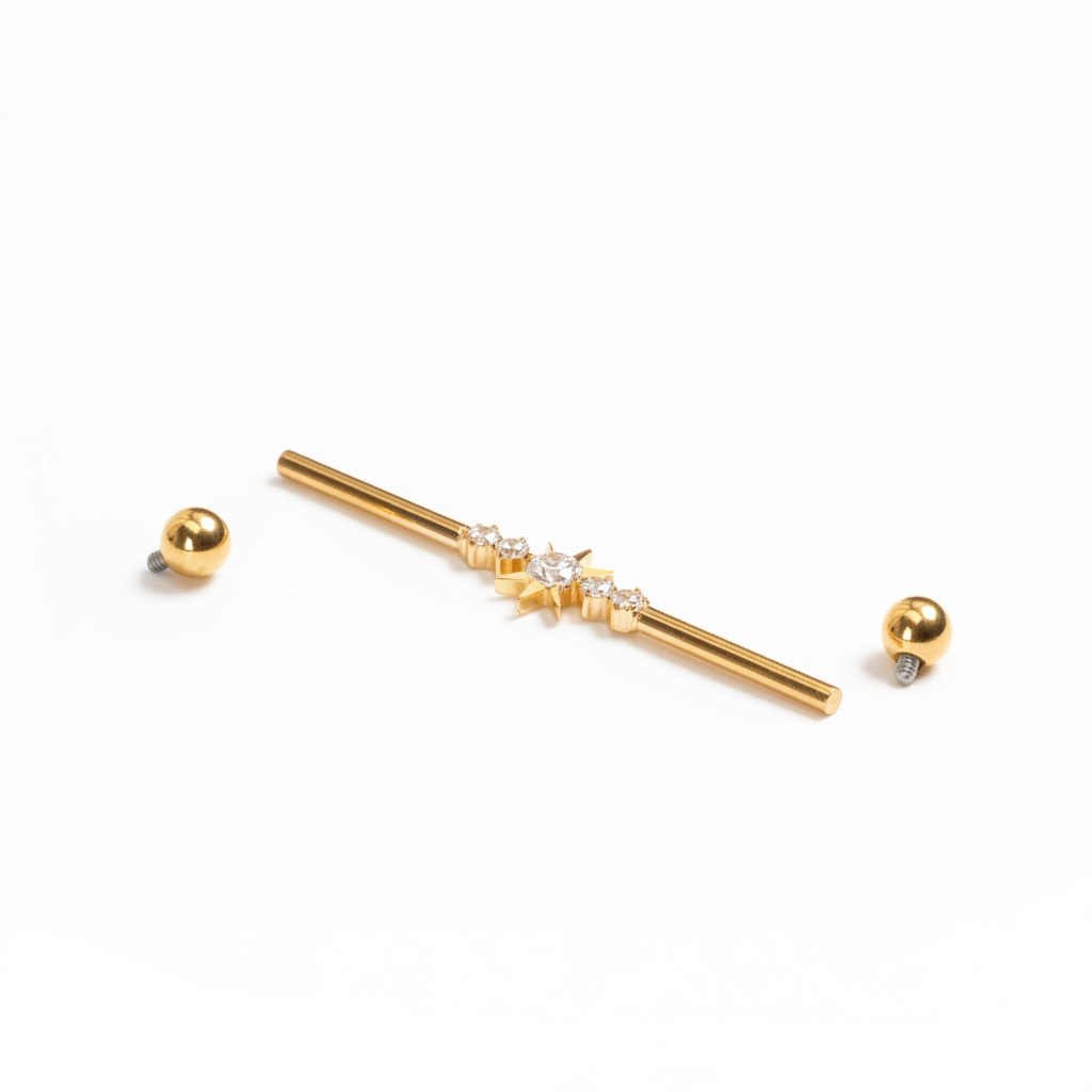 Barbell industrial em titânio com estrela e pedras no centro