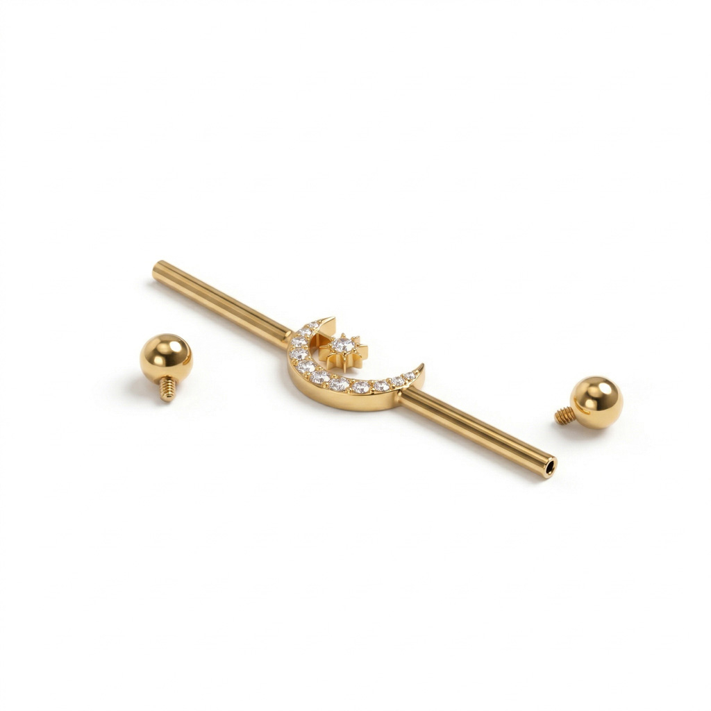 Barbell industrial em titânio com lua e estrela no centro