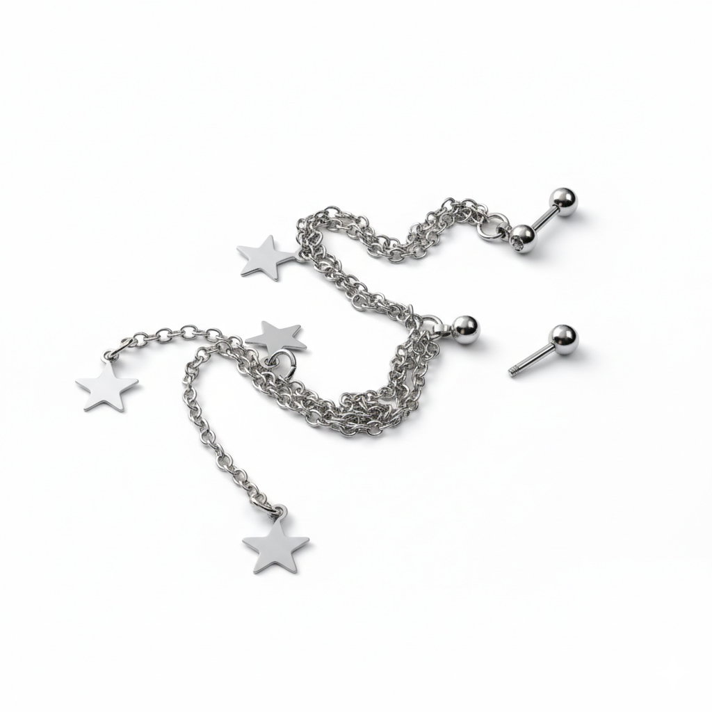 Tragus e hélice piercing corrente com estrelas