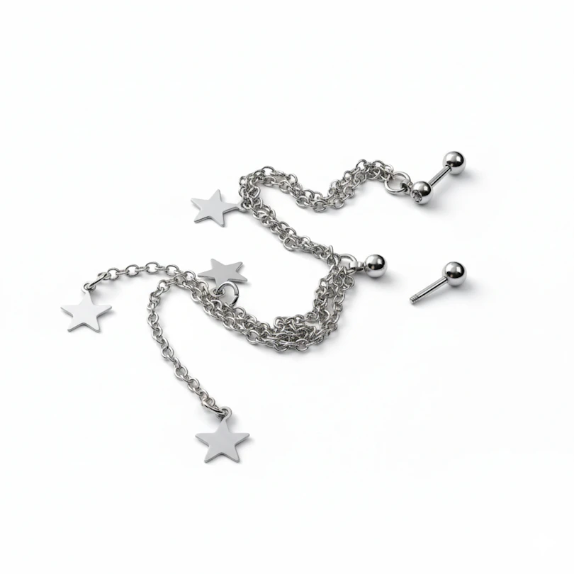 Tragus e hélice piercing corrente com estrelas
