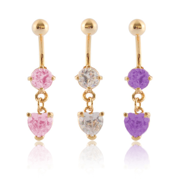 Umbigo piercing banhado a ouro com pedra e pendente em formato de coração