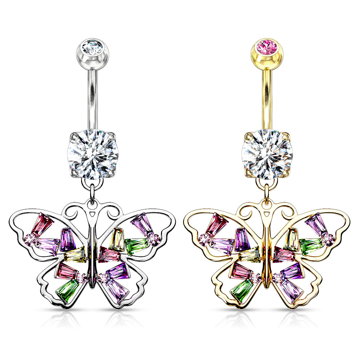 Umbigo piercing com borboleta multicolorida