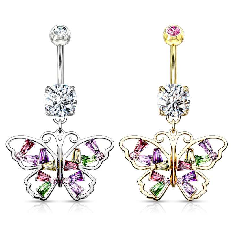 Umbigo piercing com borboleta multicolorida