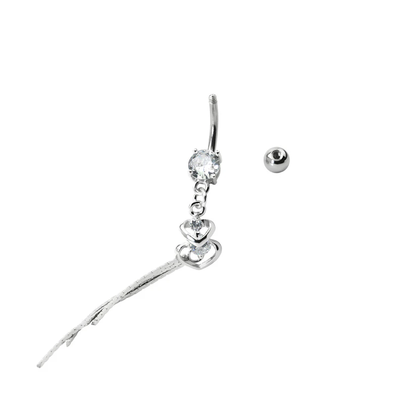 Umbigo piercing com pendente de coração duplo e pedras