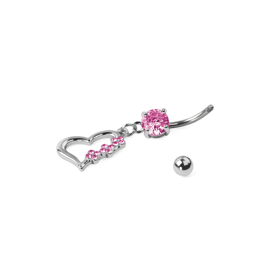 Umbigo piercing de titânio com um coração e brilhantes