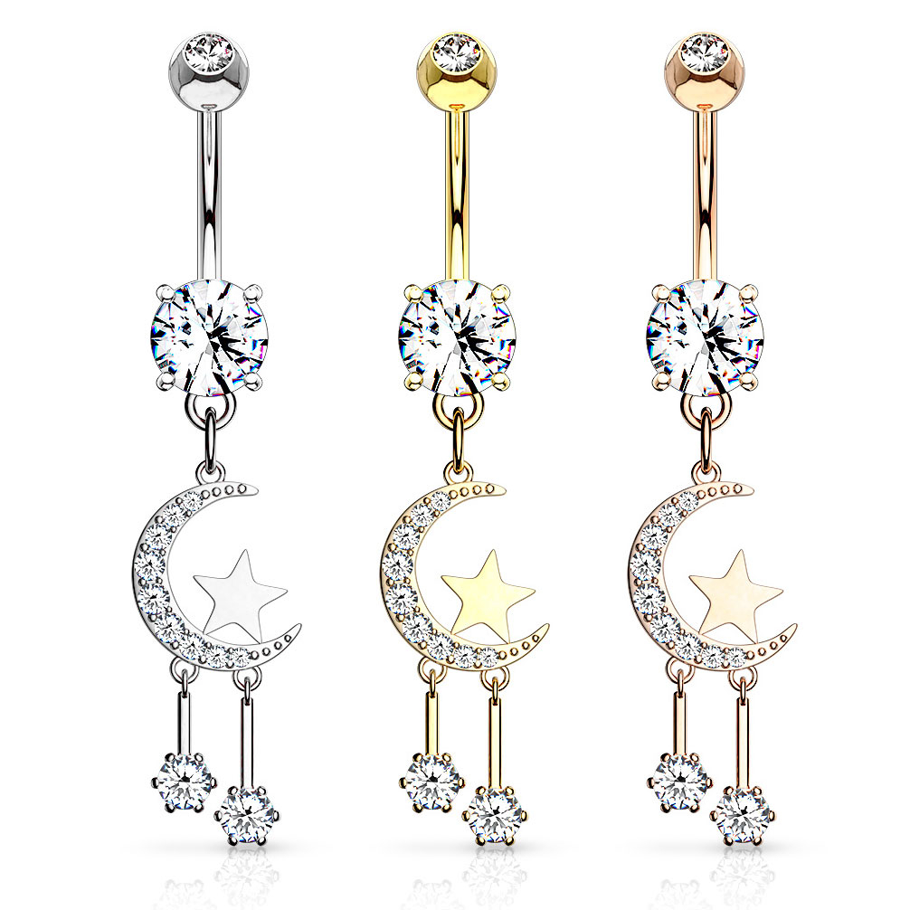 Umbigo piercing com pendente de lua crescente e estrelas